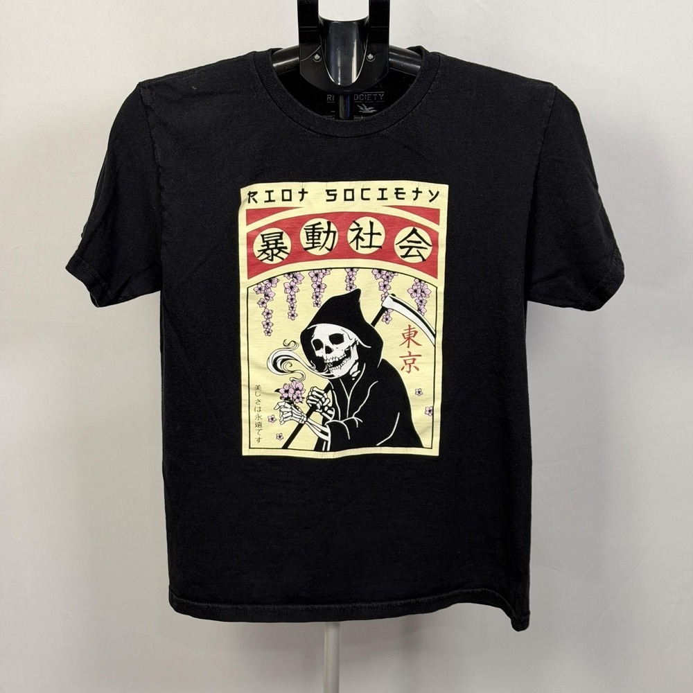 Riot Society Shirt Mens Large Black Grim Reaper Tokyo Skull Graphic Tee‎
